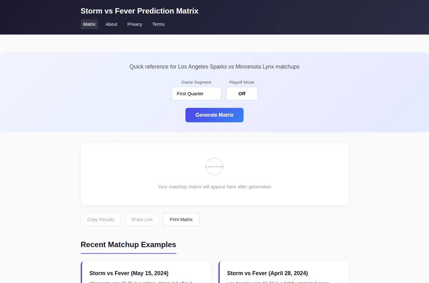 Screenshot of Storm vs Fever Prediction Matrix interface showing the project page in use